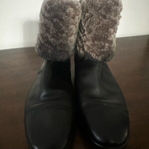 UGG Black Leather Ankle Boots with Brown faux fur Cuff